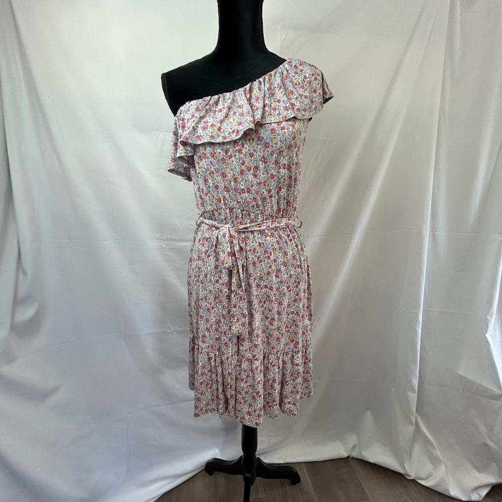 Heatherly A-Line Dress Womens Large Gray Floral One Shoulder Ruffle Belted Waist